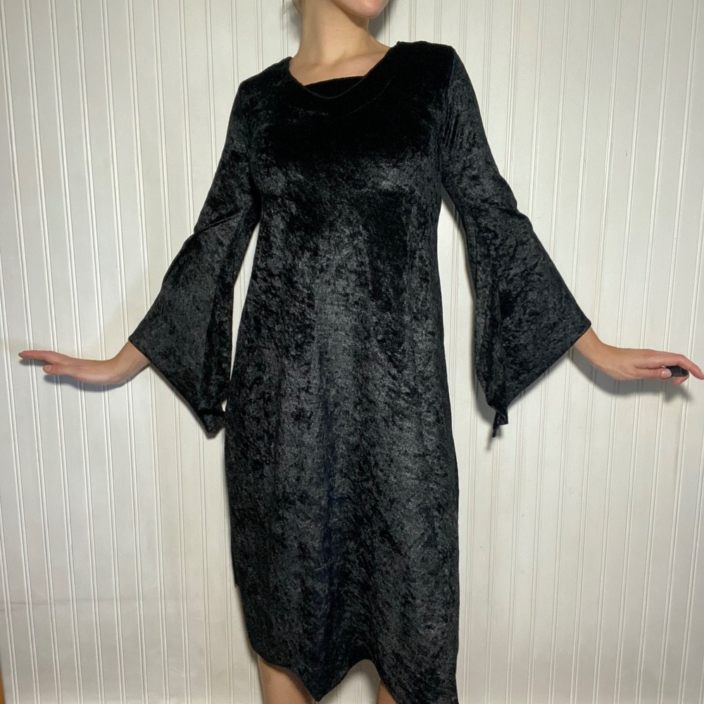 Witchy Black Crushed Velvet Midi Dress Bell Sleeve Jagged Hem Halloween - Large